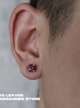 TWO LEAVES s925纯银红色锆石耳钉钻石圆形嘻哈男女款个性潮耳饰