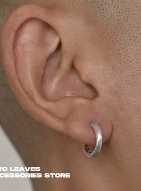 TWO LEAVES S925纯银拉丝耳环实心极简潮流男女百搭耳圈简约耳扣