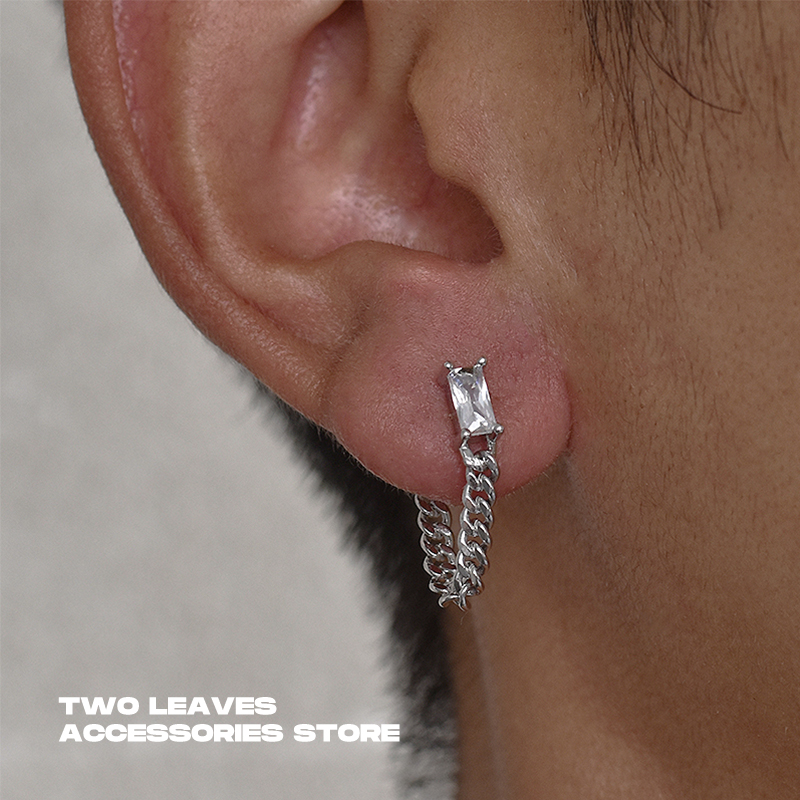 925纯银长方形锆石链条流苏耳钉