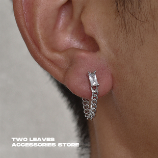 TWO LEAVES S925纯银 长方形锆石链条耳钉小众设计男女流苏耳饰