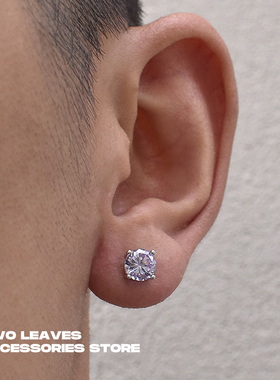 TWO LEAVES S925纯银淡紫色锆石四爪耳钉潮男女街头百搭情侣耳饰