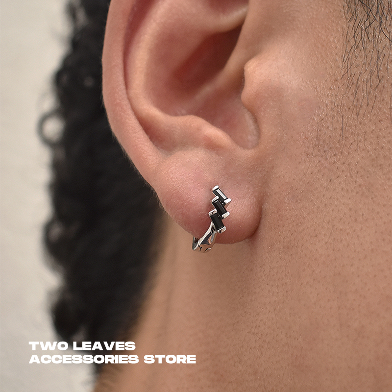 TWOLEAVES纯银男女黑锆石潮耳环