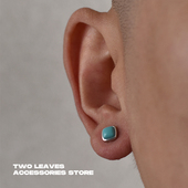 S925纯银绿松石耳钉潮流街头百搭方形男女款 TWO LEAVES 情侣耳饰