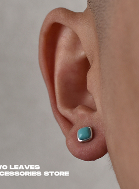 TWO LEAVES S925纯银绿松石耳钉潮流街头百搭方形男女款情侣耳饰