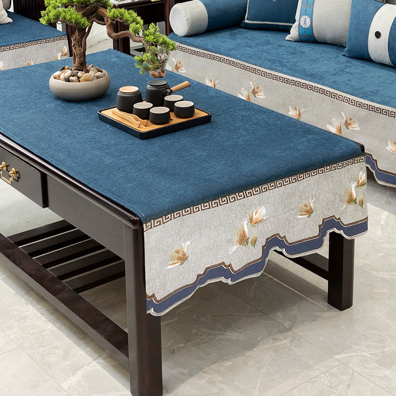 中式茶几垫新中式蓝色长方形台布加厚防滑防尘现代餐桌盖巾桌布