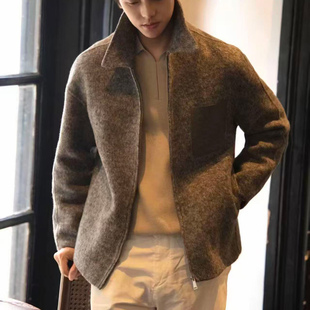 潮男韩风翻领毛呢大衣男秋冬中长款宽松外套棕色