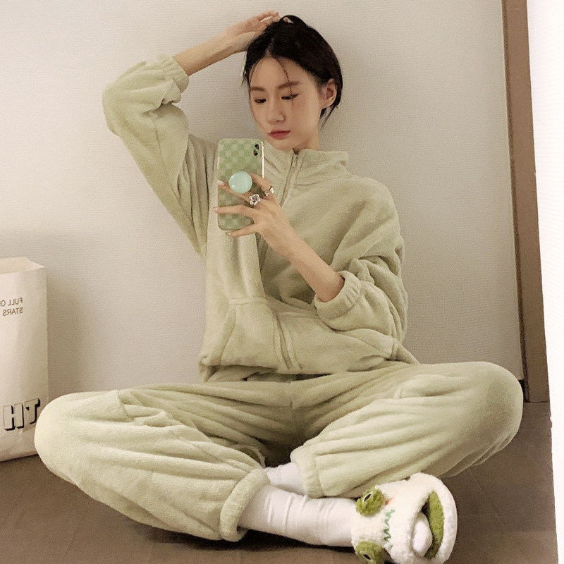 秋冬季睡衣女法兰绒加厚珊瑚绒冬天加绒保暖休闲家居服套装可外穿
