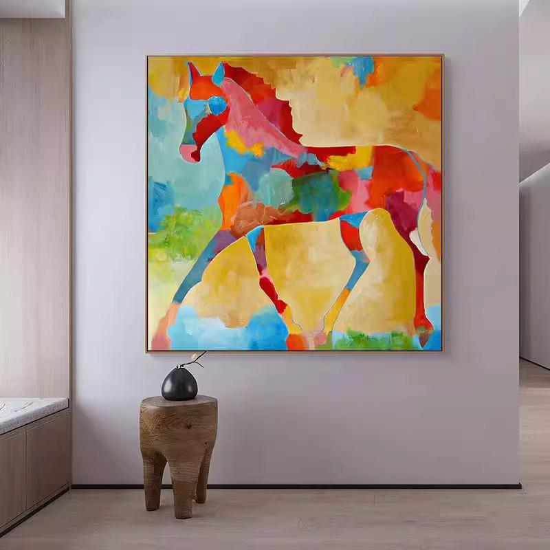 桔子手绘油画动物彩色马轻奢装饰画客厅玄关餐厅壁画现代抽象挂画图片