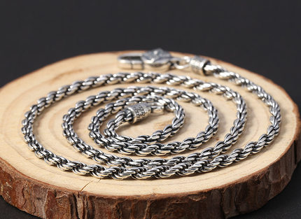 原创999纯银饰品4.5mm宽复古泰银项链男通用百搭吊坠扭纹项银链子