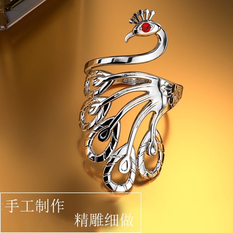 孔雀纯银镀铂金个性简约潮流戒指
