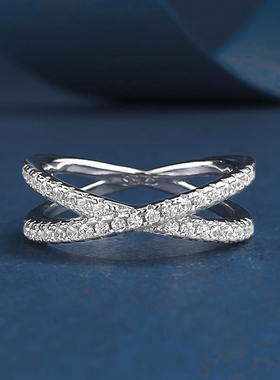 时尚S925纯银莫桑钻戒指女小众交叉排戒满镶仿真钻饰品送朋友闺蜜