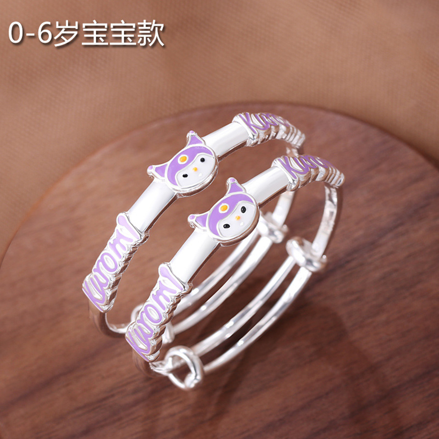 0-3岁999足银卡通猫咪宝宝婴儿手镯一对可爱公主儿童纯银镯子礼物