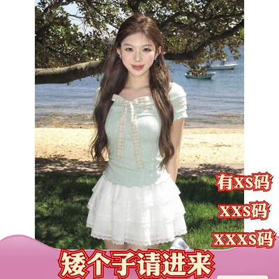 夏装女装150cm显高矮个子加小码XXXS温柔风木耳边短袖T恤百搭上衣