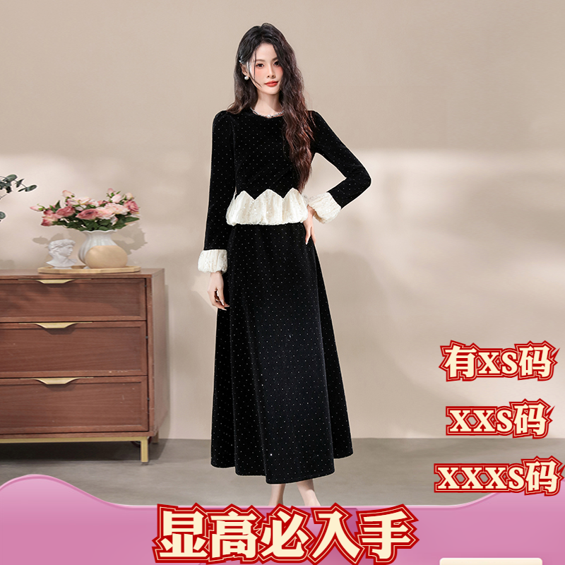 小个子冬季女装150cm加小码XXXS显高连衣裙烫钻荷叶边收腰蓬蓬裙