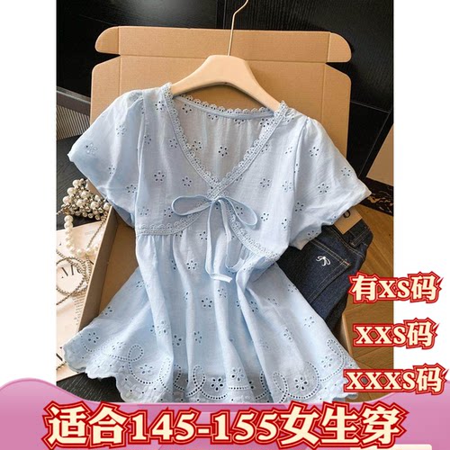 夏季155cm矮个子小个子搭配XXXS女装蕾边花边V领衬衫系带绣花短袖