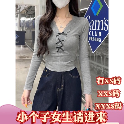 女装秋装加小码XXXS矮个子150cm显高蝴蝶结蕾丝V领长袖T恤打底衫