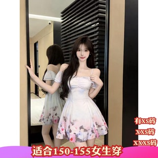 夏装矮个子150cm显高加小码XXXS女装一字肩碎花连衣裙蓬蓬甜美裙