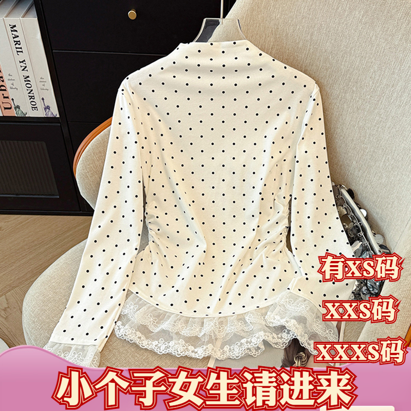 155cm小个子150加小码XXXS显高秋装女装半高领蕾丝花边长袖t恤潮