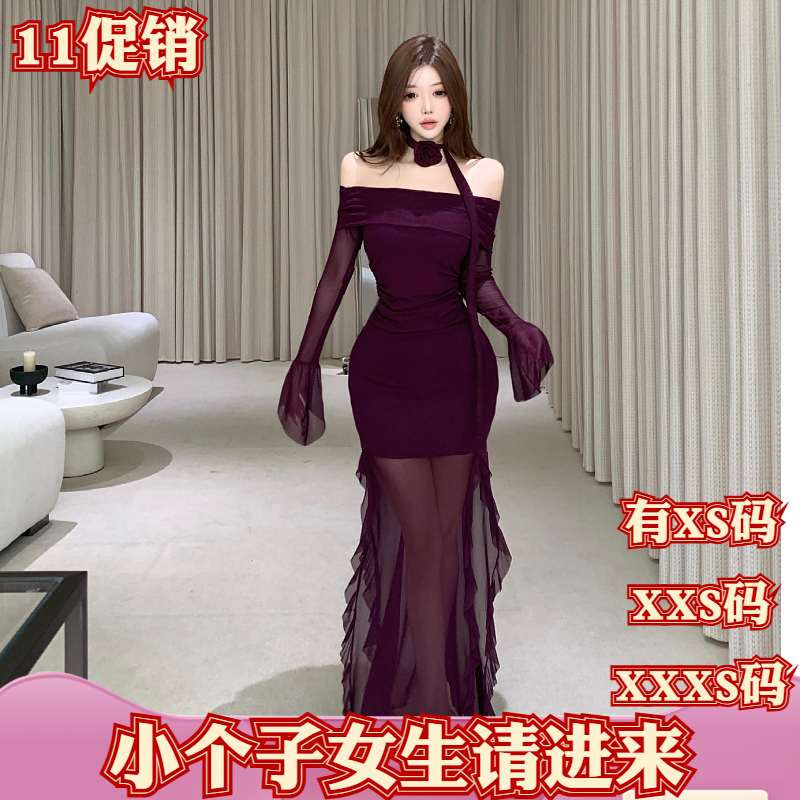 矮个子加小码女装秋季150cm显高XXXS绑带连衣裙包臀开叉礼服长裙