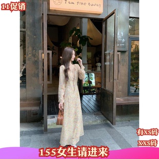 秋季加小码女装矮个子150cm新款XXS系带碎花长袖连衣裙收腰裙子