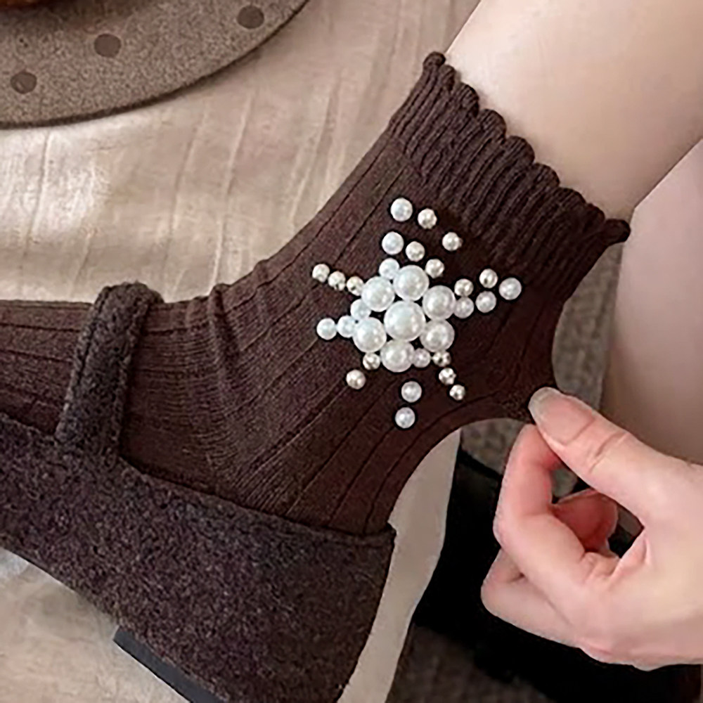温柔风珍珠花朵中筒袜子ins潮女秋冬无骨竖条花边袜配小皮鞋棉袜