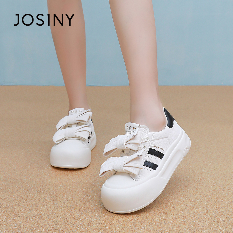 卓诗尼2025春秋新款厚底小白鞋时尚舒适运动休闲鞋潮流蝴蝶结板鞋