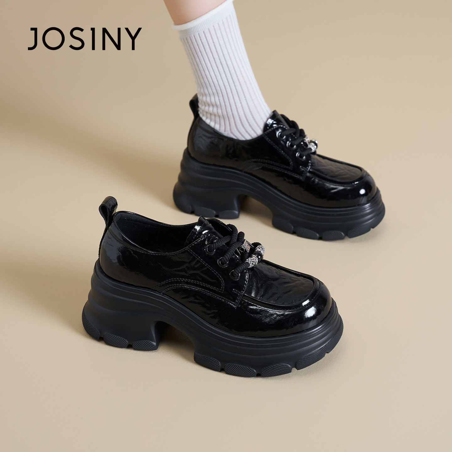 卓诗尼2026春季新款粗跟小皮鞋时尚舒适单鞋百搭复古厚底乐福鞋女