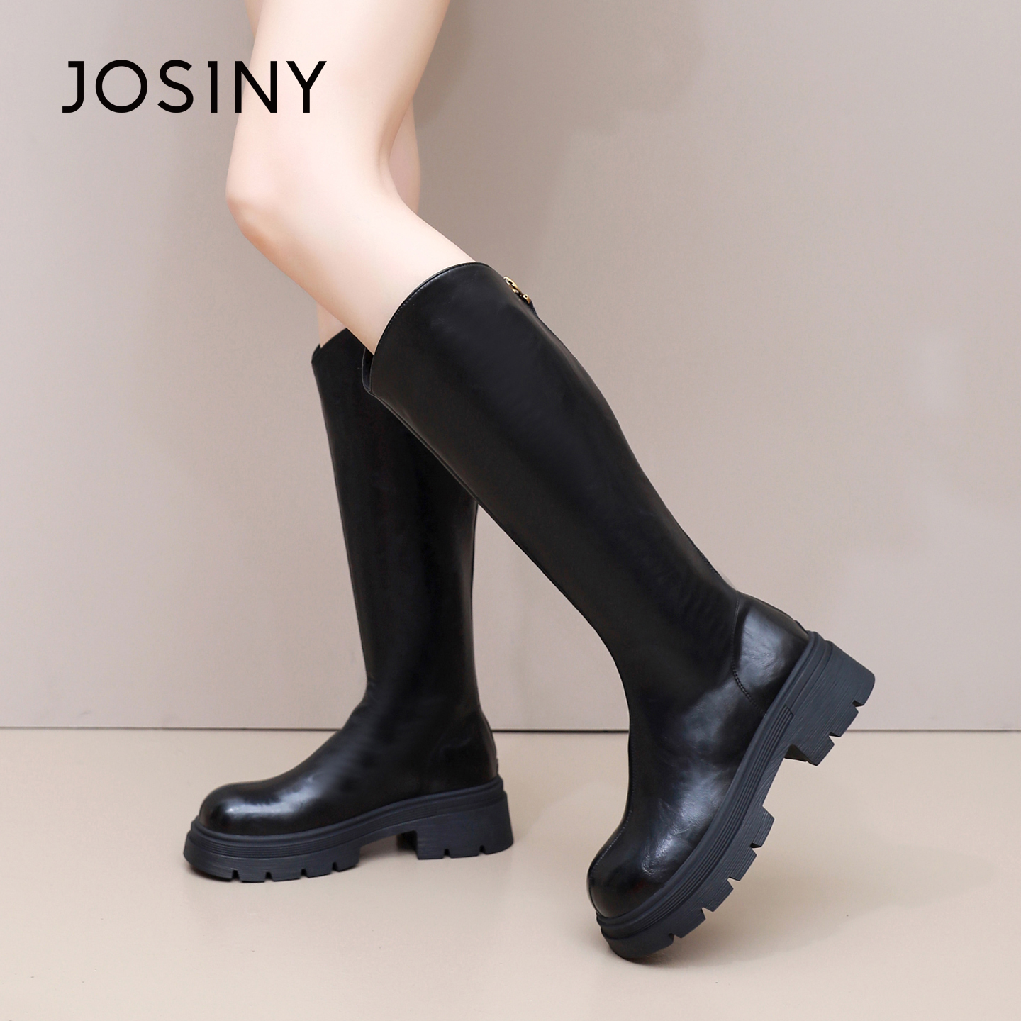 卓诗尼2025秋冬新款粗跟骑士靴时尚舒适长筒靴潮流后拉链瘦瘦靴女