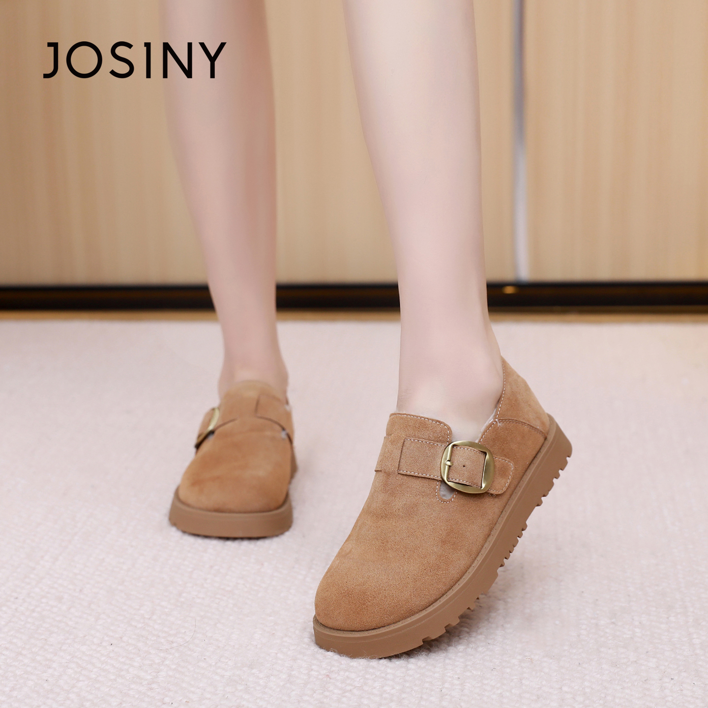 卓诗尼真皮软底勃肯鞋女2025秋冬季新款百搭懒人一脚蹬圆头豆豆鞋