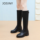 卓诗尼2025秋冬新款 高筒骑士靴时尚 舒适粗跟长筒靴潮流后拉链女靴