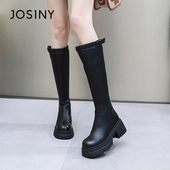 卓诗尼2025秋冬新款 高筒靴不过膝长靴高筒厚底长筒骑士靴加绒女鞋