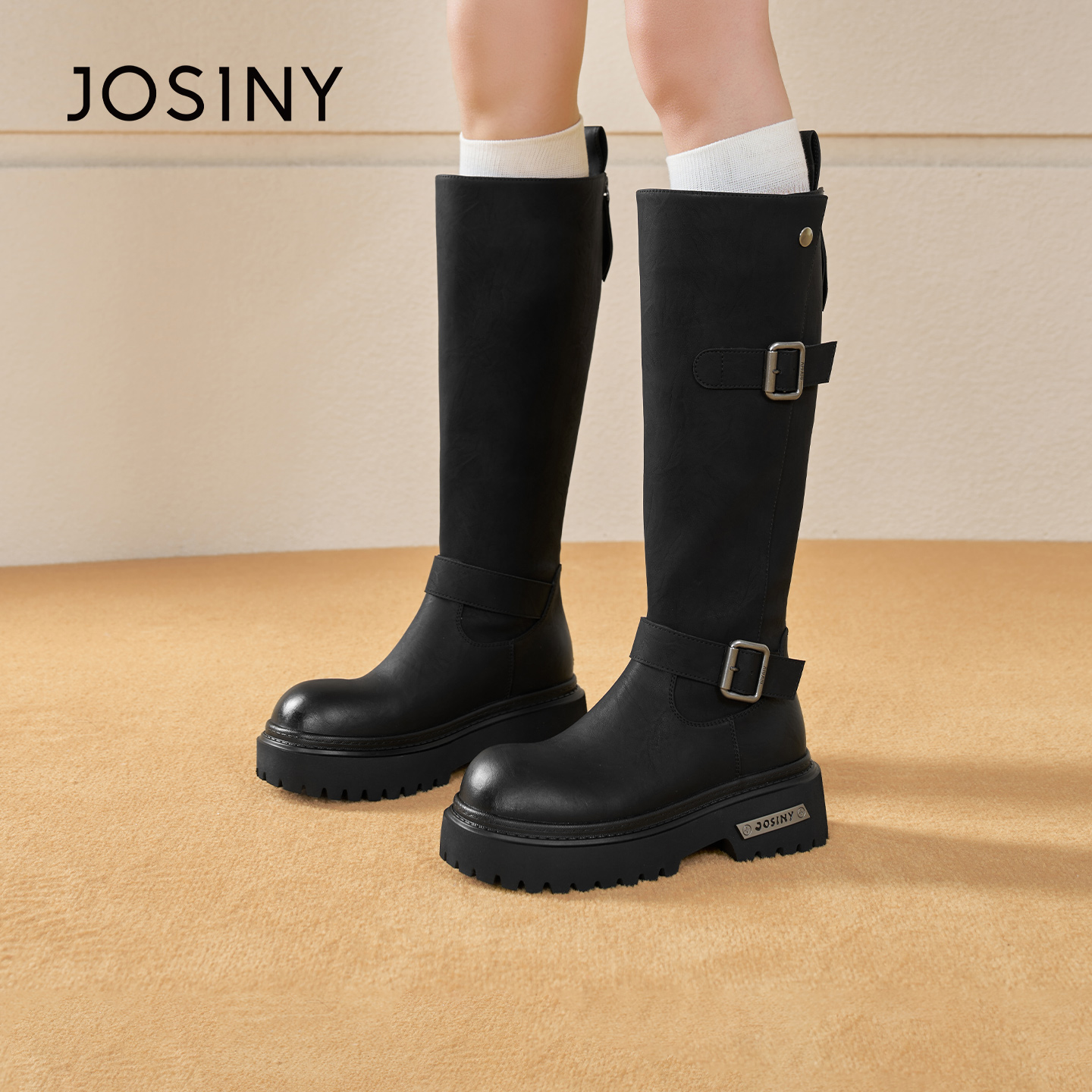 卓诗尼2025秋冬新款后拉链长筒靴时尚舒适骑士靴潮流百搭厚底女靴