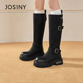 卓诗尼2025秋冬新款 后拉链长筒靴时尚 舒适骑士靴潮流百搭厚底女靴