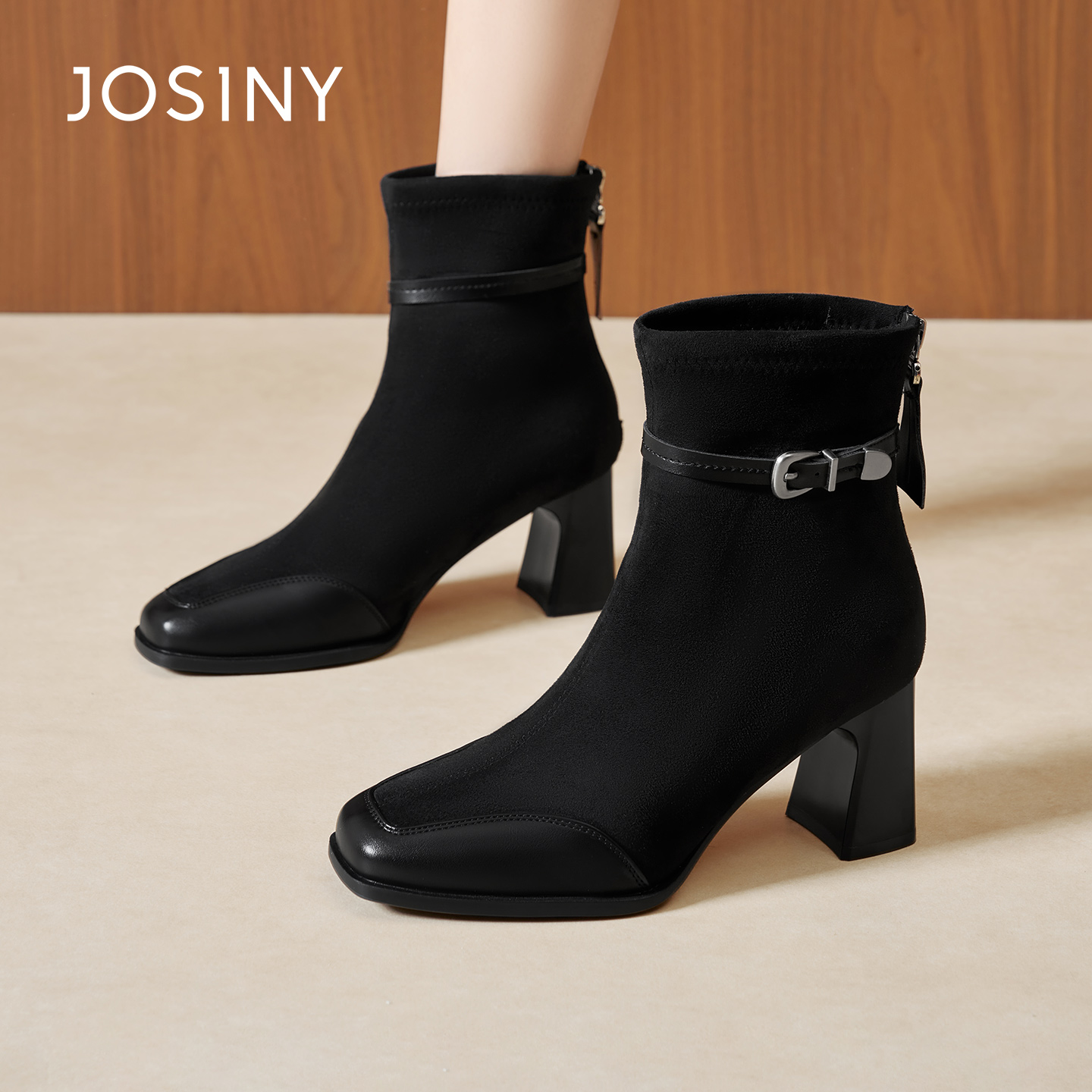 卓诗尼2025秋冬新款后拉链短筒靴时尚舒适显瘦女靴潮流优雅时装靴