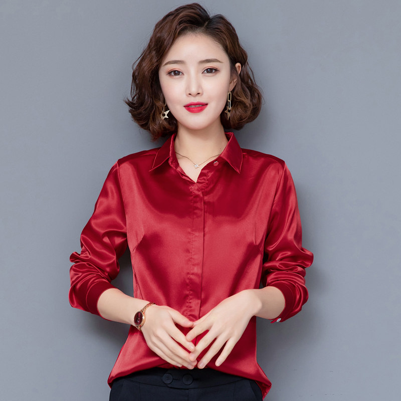 真丝衬衫缎面春秋新款韩版女士修身大码职业装打底衫纯色蕾丝上衣