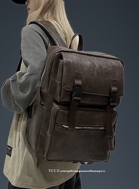 复古皮质双肩包男女2025新款简约电脑学生书包大容量旅游通勤背包