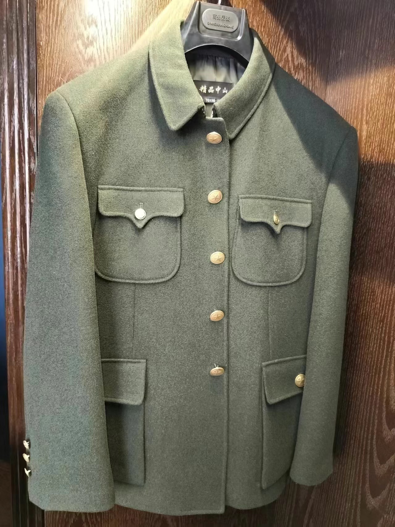 秋冬厚款毛呢料军绿中山装男中老年套装老人羊毛呢中老年人爷爷装