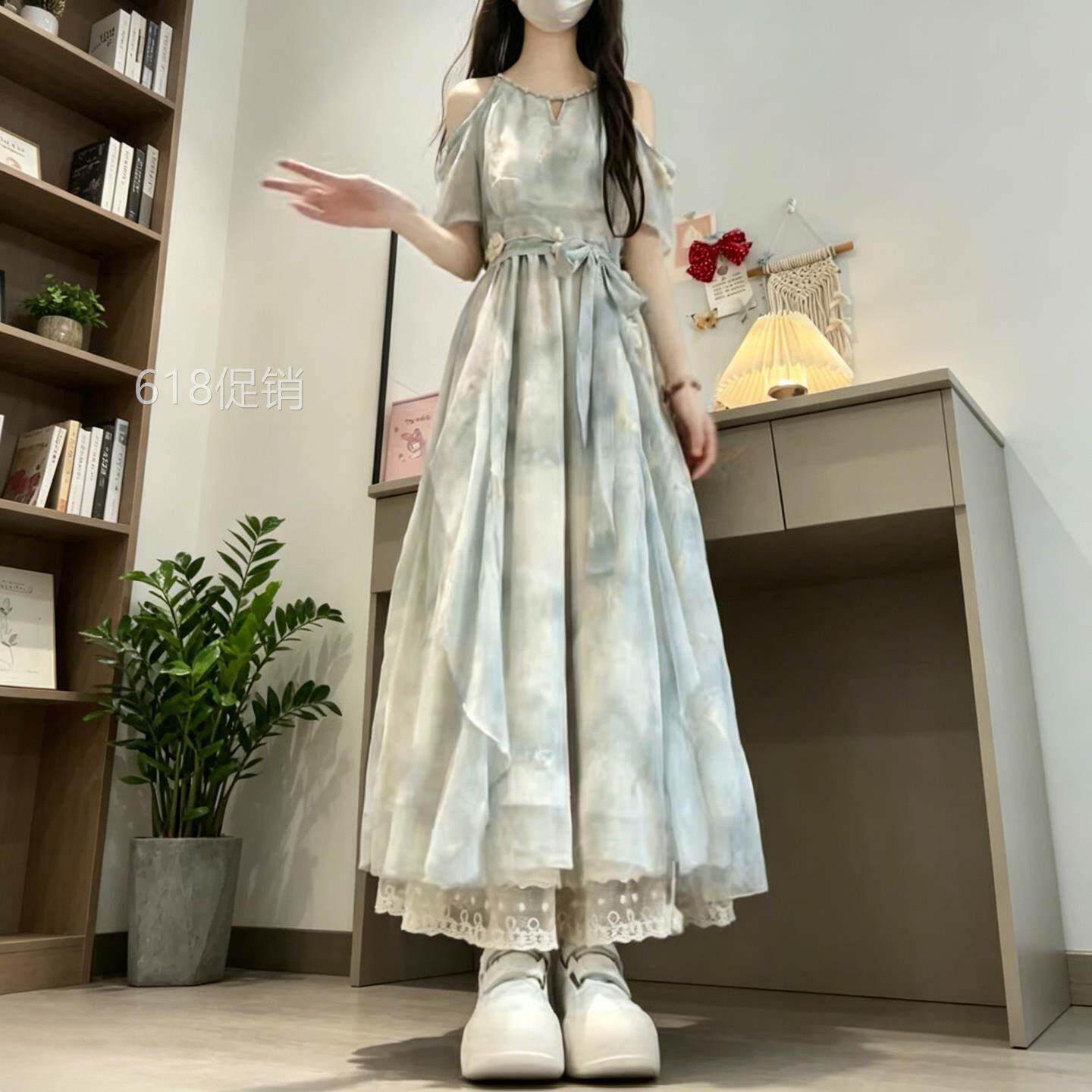 少女甜美露肩系带收腰洋装2026夏装新款初高中学生荷叶边A字裙