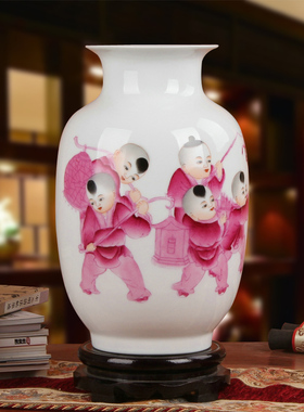 名家夏国安作品 景德镇陶瓷器花瓶 高档礼品瓷手绘红色童子东瓜瓶