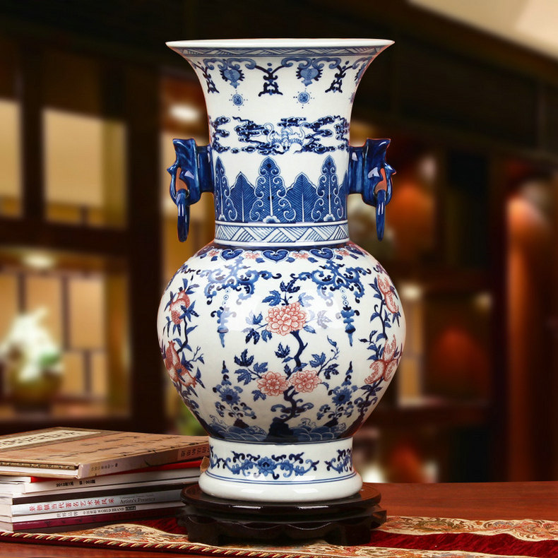 景德镇陶瓷器 仿古手绘青花釉里红双象耳寿桃石榴花卉大花瓶装饰