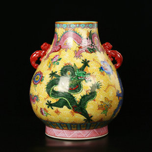 景德镇陶瓷器 仿古本金珐琅花双耳五龙福筒花瓶 现代家居收藏摆件