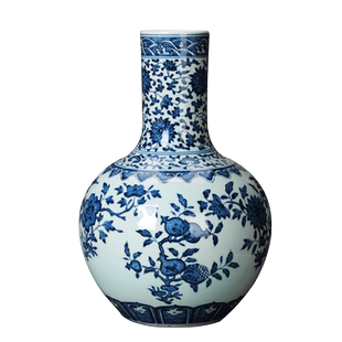 景德镇陶瓷器花瓶摆件 手绘仿古青花瓷缠枝石榴纹天球花瓶收藏品