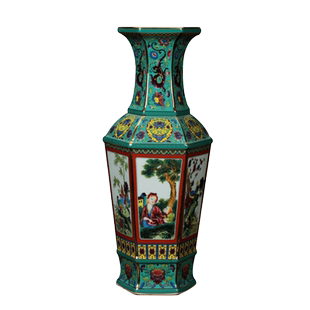 景德镇陶瓷器花瓶 仿古珐琅彩绿松石釉西洋仕女图六方花瓶工艺品