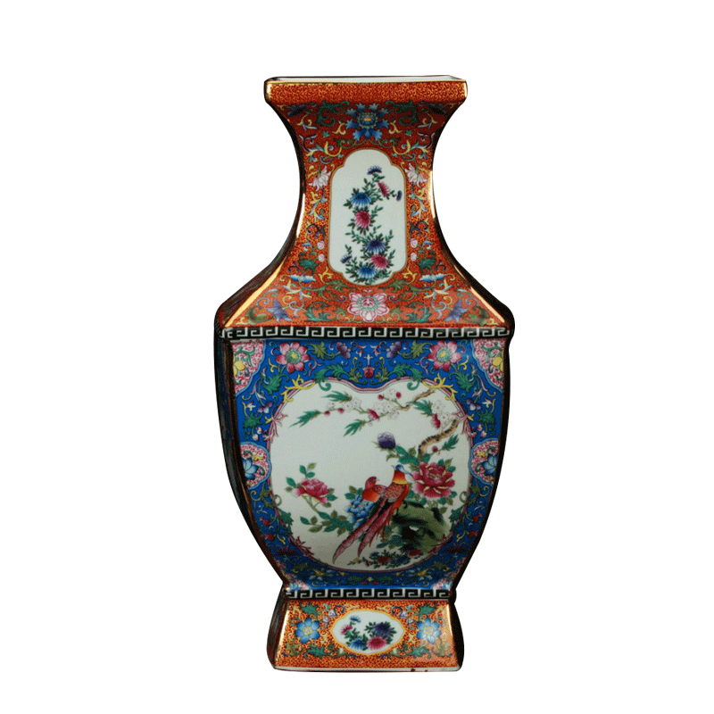 景德镇陶瓷器花瓶 仿古本金珐琅彩古典四方开坛花鸟花瓶 装饰摆件