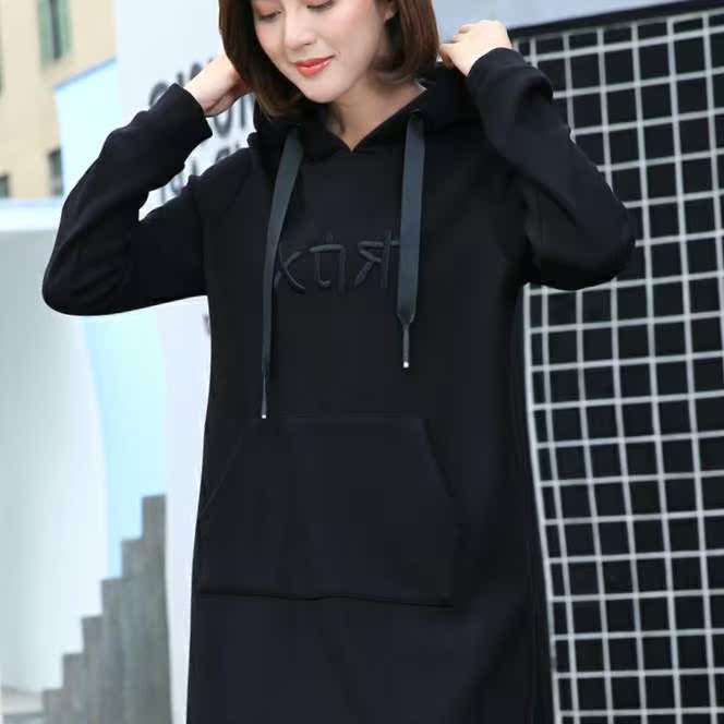 新款卫衣女2020秋季宽松韩版连帽加绒中长款洋气高端裙子冬蓝波薇