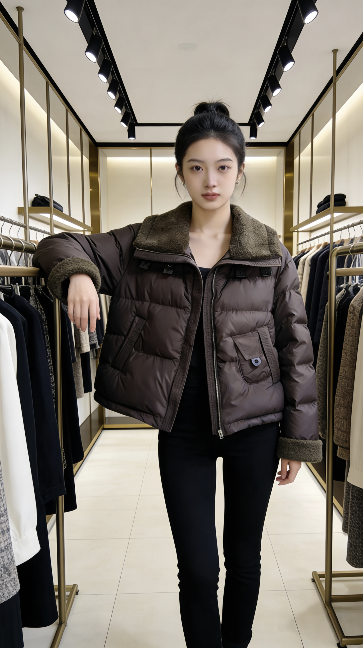 冬新海军领大翻领百搭保暖羊羔毛白鸭绒羽绒服短款外套女