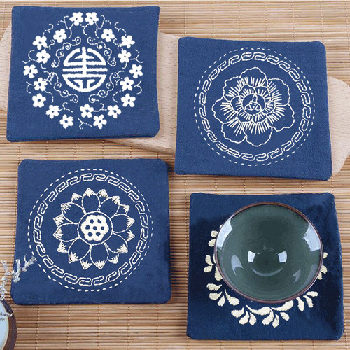 diy茶席棉麻隔热方形壶垫刺绣