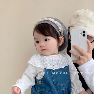 婴儿帽子2024春秋新款贝雷帽女宝宝毛线帽儿童针织帽四季款画家帽