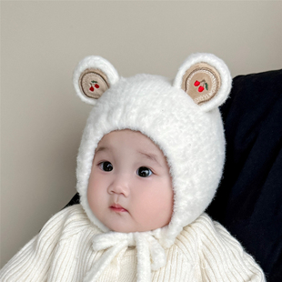 婴儿帽子秋冬季护耳帽可爱超萌宝宝针织帽小月龄女宝防风毛绒帽潮