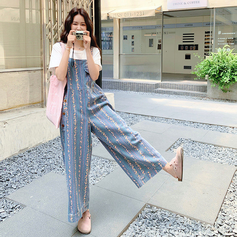 法式复古气质松弛感碎花条纹背带裤女2025夏季新款时尚休闲阔腿裤